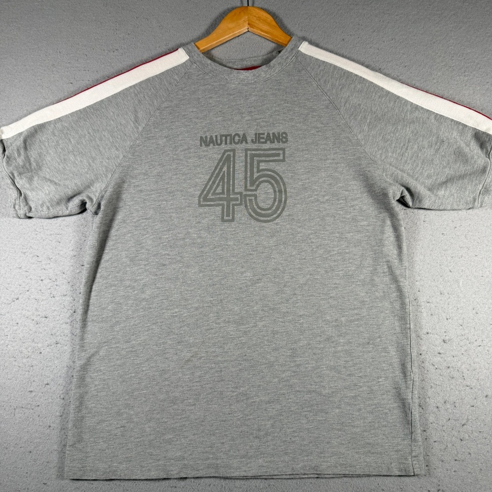 Vintage‎ Nautica Jeans Company Mens Large Grey Raglan T-Shirt Racing Stripe 45